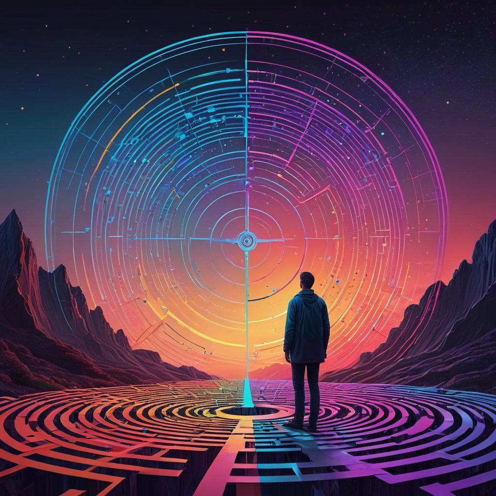 A digital landscape featuring a person standing at the forefront, holding a compass that symbolizes guidance through emotional barriers. Behind them, a maze made of colorful network lines representing secure user management. Soft glow around the maze, suggesting safety and clarity. The background shows abstract representations of emotional states like calm and chaos. vibrant colors. 3D. digital art.
