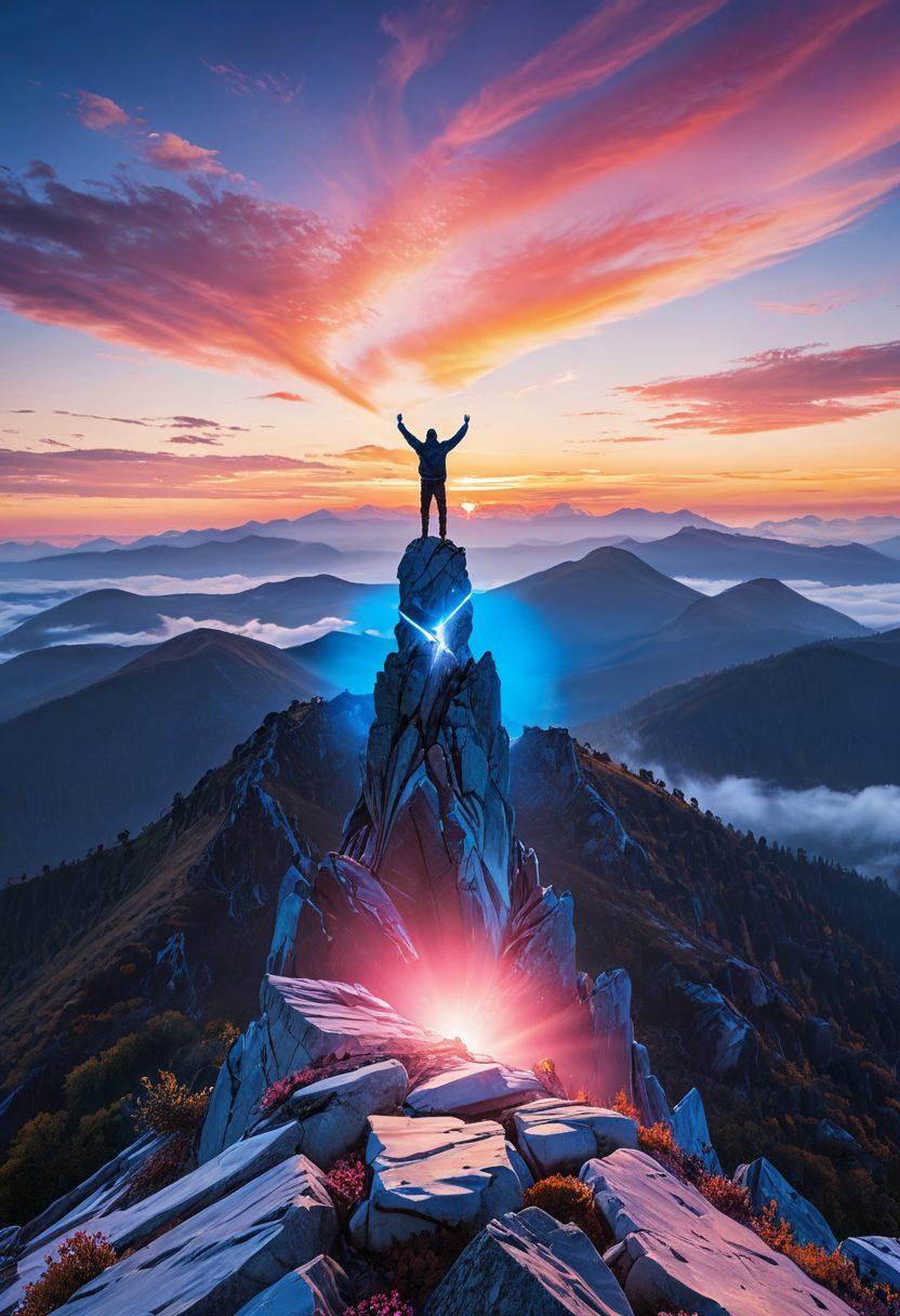 A person triumphantly standing on top of a mountain, symbolizing victory over sadness, with a digital shield representing secure logins and user access management glowing in the background. Incorporate elements of technology like circuit patterns subtly woven into the landscape. Use uplifting colors to evoke a sense of hope and resilience. super-realistic. vibrant colors. 3D.