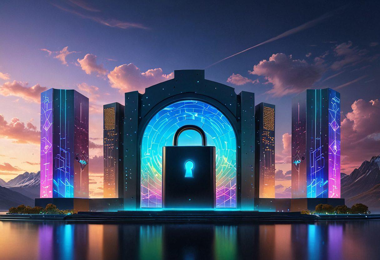 A digital fortress with a giant, glowing padlock symbolizing strong password protection. Surrounding it, various multi-colored digital shields representing different access controls. A serene sky in the background, showing the transition from dusk to dawn, signifying security and new beginnings. Futuristic designs and holographic effects to emphasize technology. vibrant colors. super-realistic.